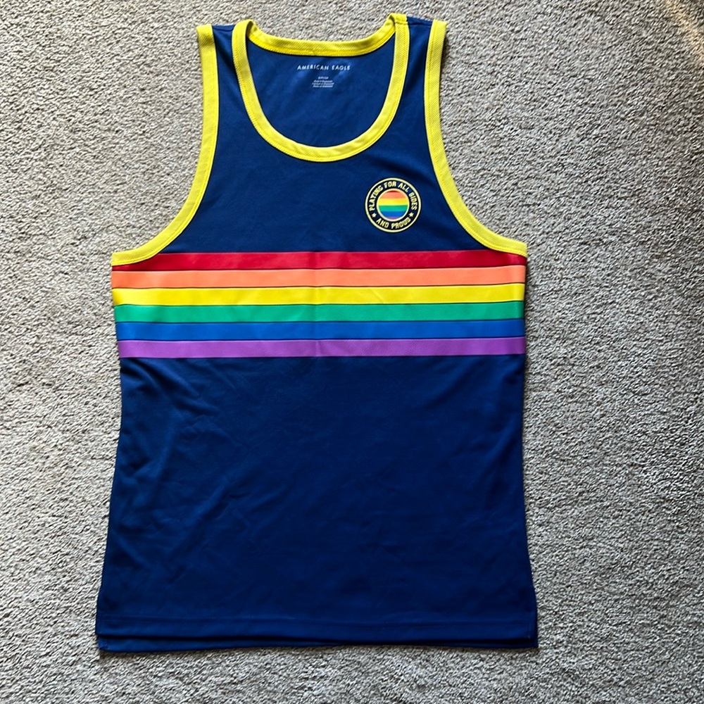 American Eagle Blue Tank Top Men's Small Rainbow Pride Playing for All Sides